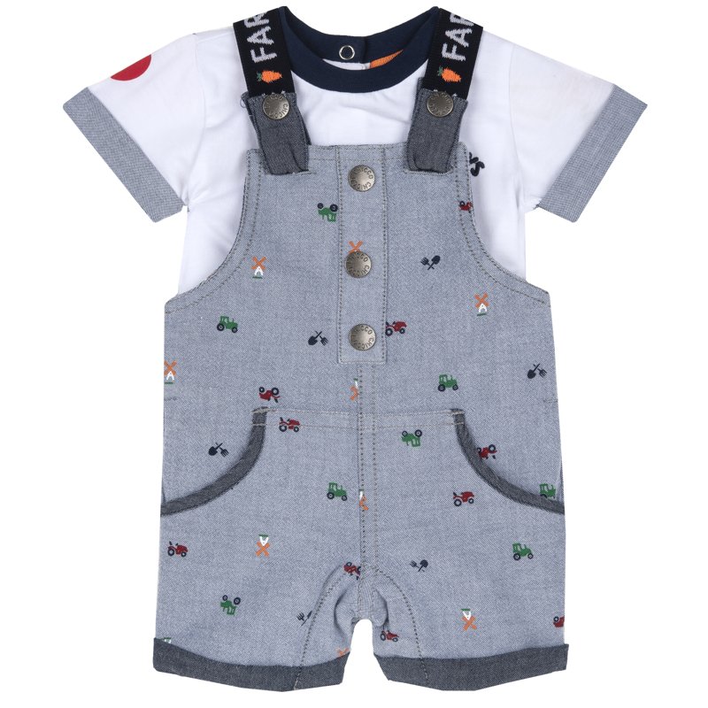 SET 2: T-SHIRT SHORT SLEEVE + SHORT DUNGAREES - MEDIUM BLUE/LIGHT BLUE