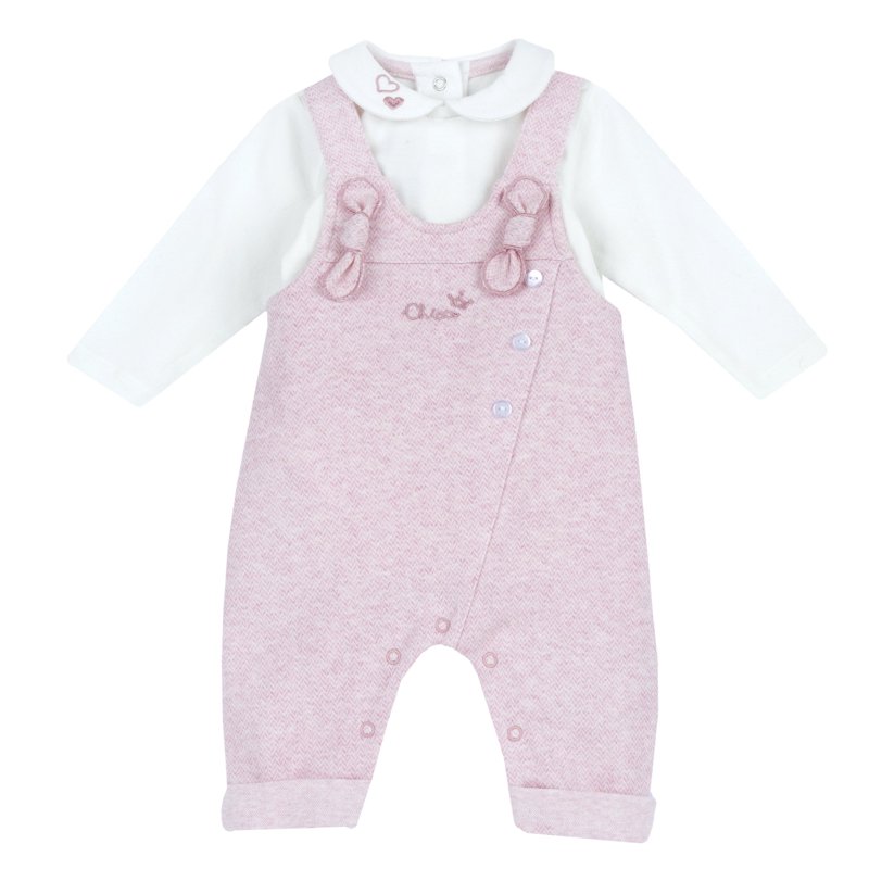 SET 2: BODYSUIT LONG SLLEVE + LONG DUNGAREES - MEDIUM PINK
