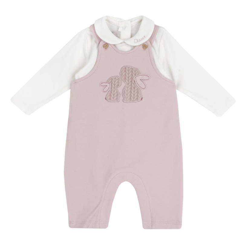 SET 2: BODYSUIT LONG SLLEVE + LONG DUNGAREES - MEDIUM PINK