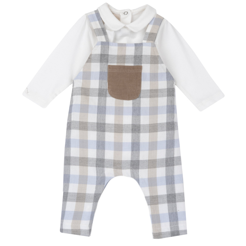 SET 2: BODYSUIT LONG SLLEVE + LONG DUNGAREES - WHITE/LIGHT BLUE