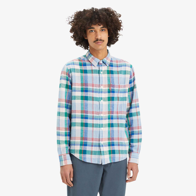 SHIRT LONG SLEEVE - HEATH PLAID TRUE BLUE COTTON LINEN